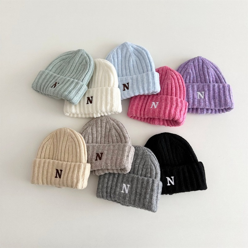 Embroidery Letter N - Korean Style Kids Knit Beanie with