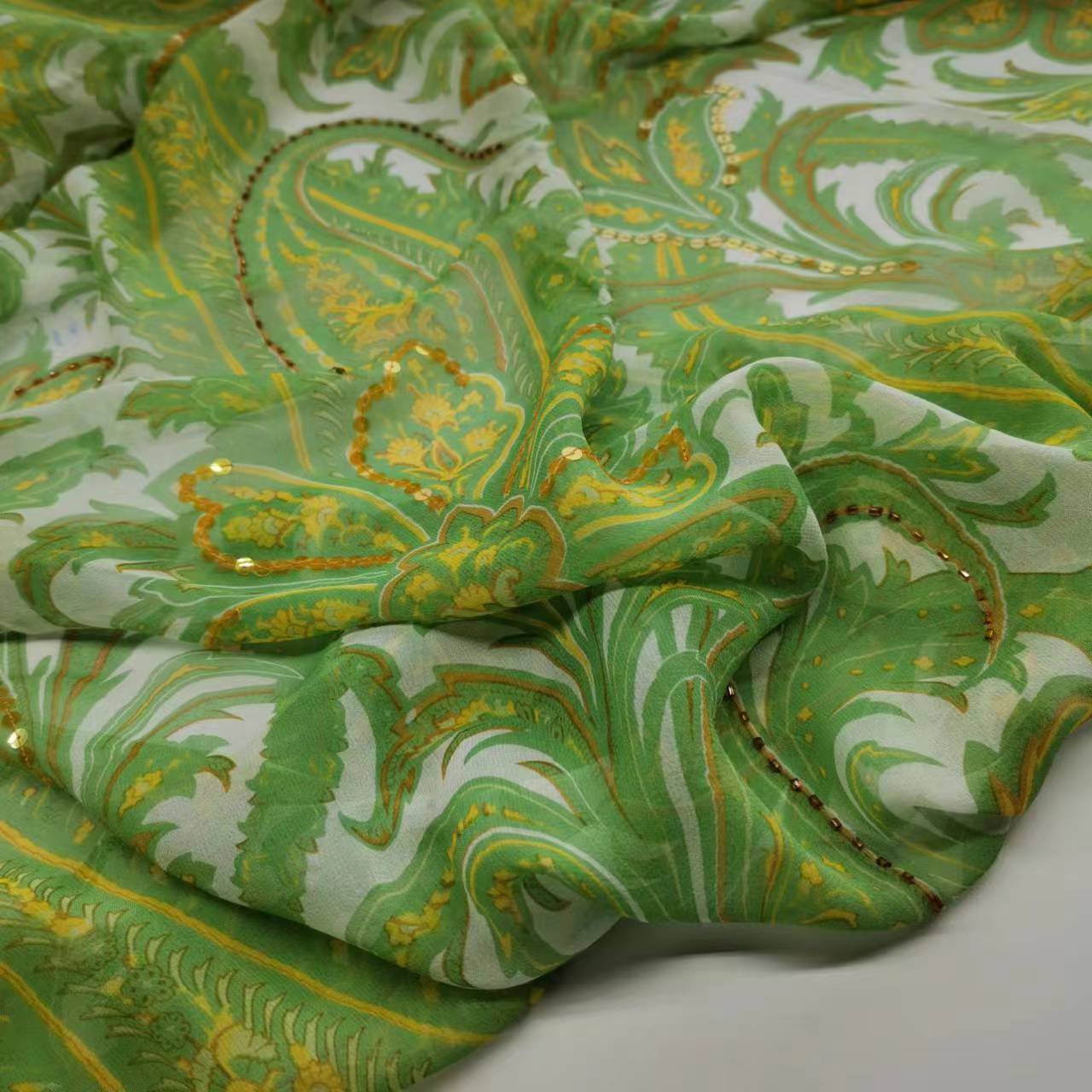 Embroidery Pashmina - Sequin Silk Georgette Fabric Paisley Print