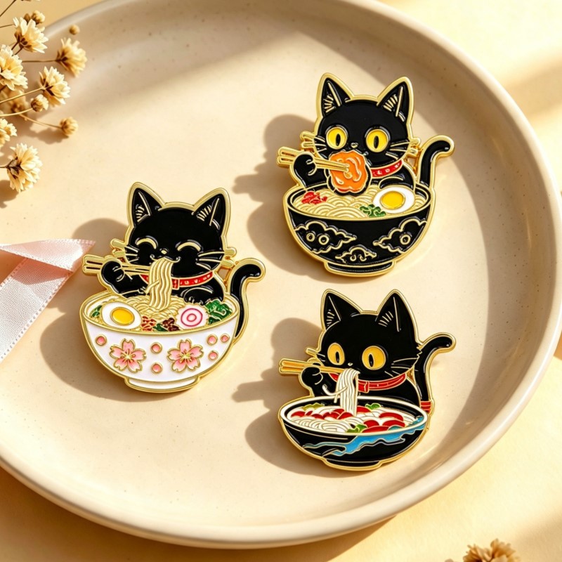 Embroidery Garment - Cute Black Cat Eating Noodles Enamel
