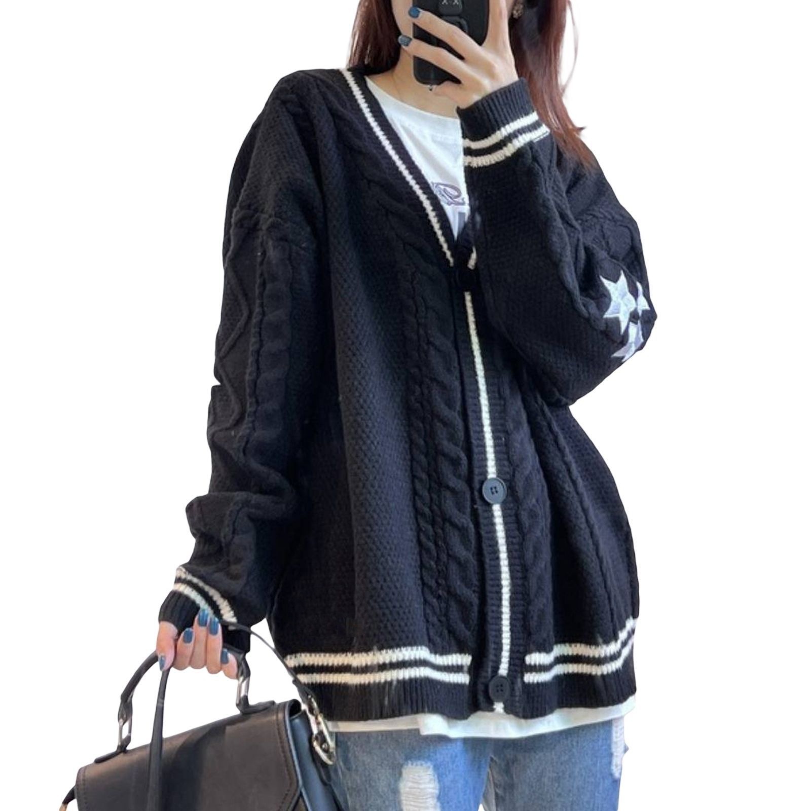 Women Vintage Cable Knit Cardi - Embroidery Letter N recension och pris